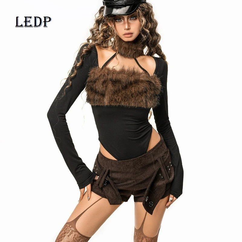 

Original Design Black Fluffy Splicing Long-sleeved Women's T-shirt Retro New Subculture Y2k Hot Girl Halter Conjoined Top Ladies