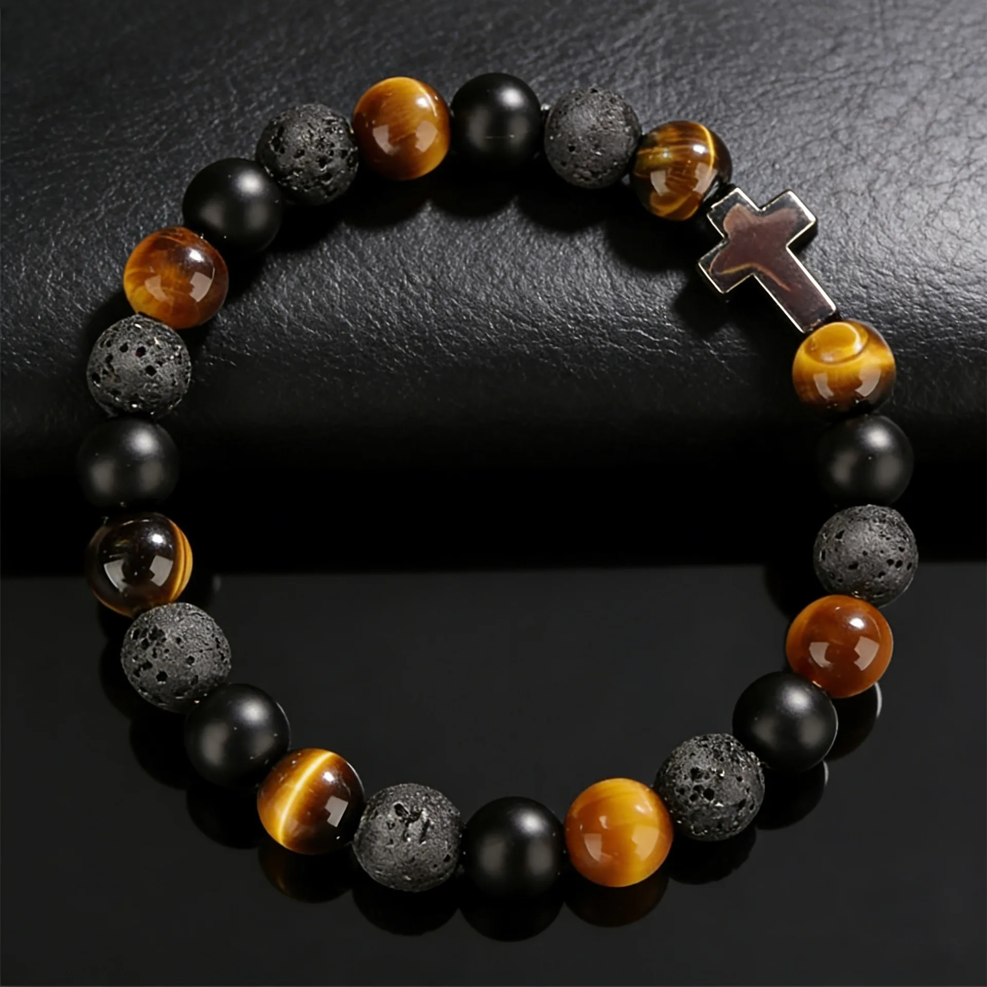 Chinese Style Lucky Blessing 8mm Tiger Eye Stone Black Matte Lava Rock Beaded Cross Charm Stretch Bracelet Wealth Protection Ene
