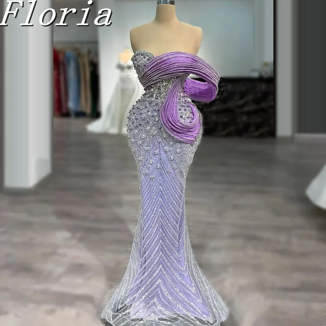 

2025 Dubai Arabic Charming Purple Evening Dress Beaded 3D Design Party Dress Vestidos De Fiestas Sleeveless Gala Dress Customize