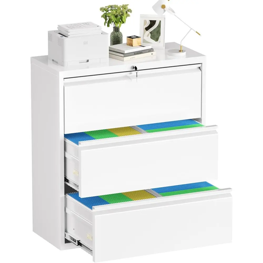 

Large White Horizontal Locking Metal Filing Cabinet with Key