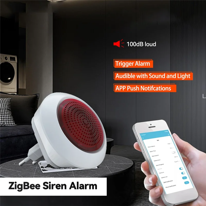 T85C Tuya Sound Light Sensor Built-in 100DB Siren Alarm Linkage Security Protection Control Via APP ZigBee EU Plug