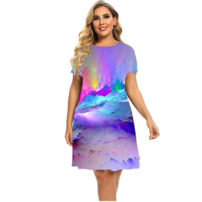 Women Rainbow Speckle Ink Dress Summer Short Sleeve Tie Dye Gradient Loose Dress Oversized O-Neck Ladies Plus Size Dress 5XL 6XL