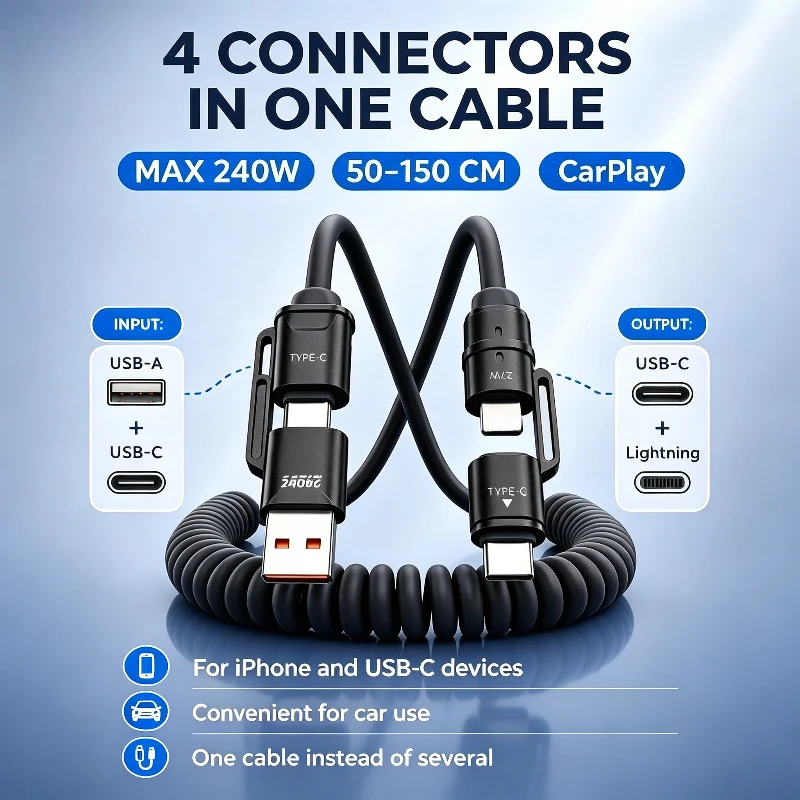 Super Fast Charging USB C Spring Telescopic Cable PD Fast Charging Mobile Phone Data Cord for IPhone Samsung Type-C Quick Cable