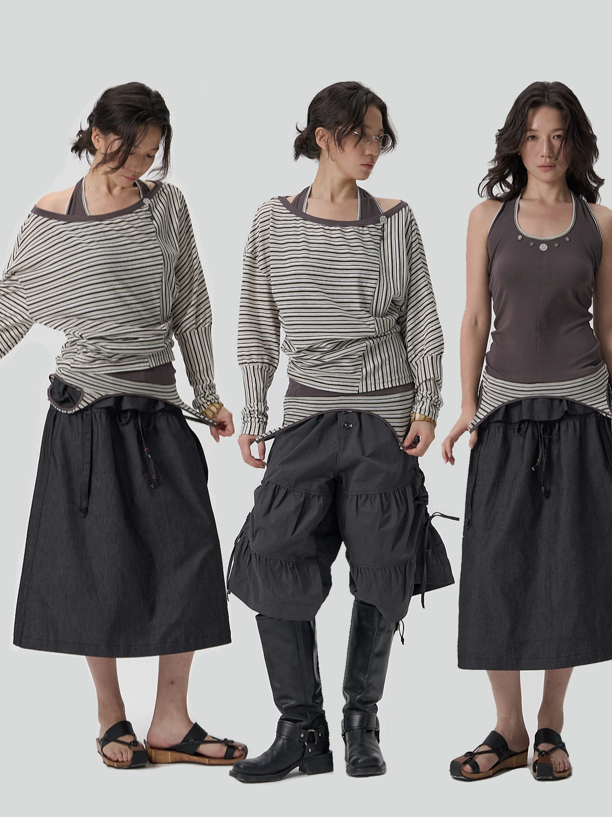 

Wool Waist-Cut Top Two-Piece Set l ell Button Floral Striped Patchwork Multi-Wearing Methods Women's T-irt