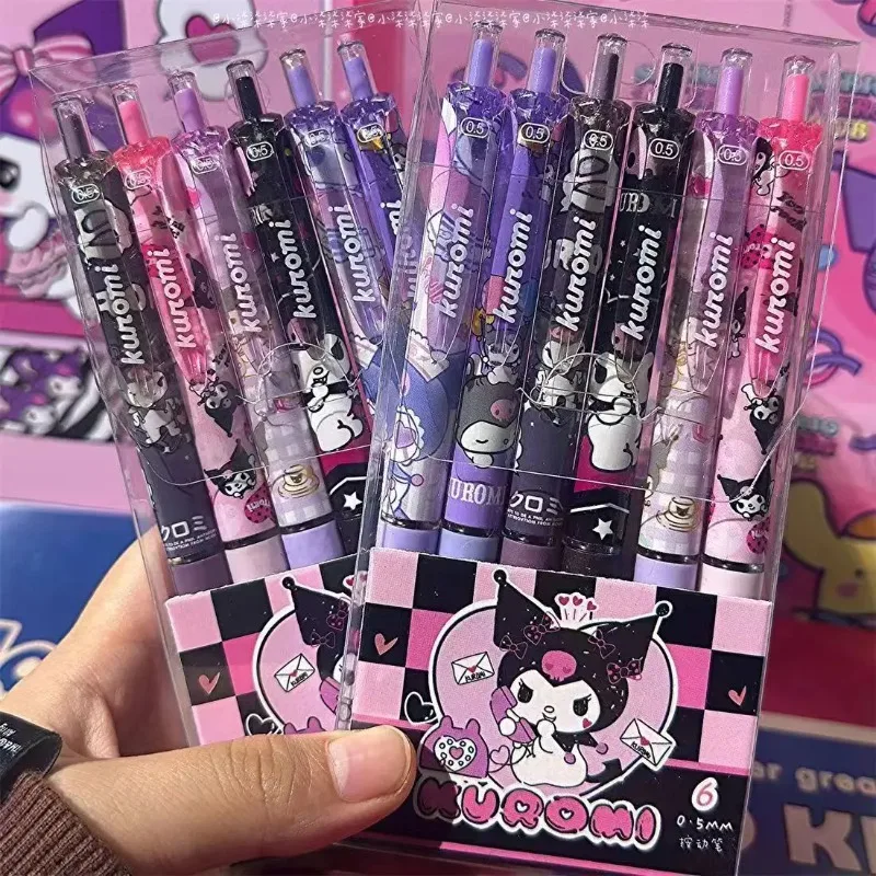 Sanrio-Juego de bolígrafos de Gel Hello Kitty para niños, 6 piezas, Kawaii Kuromi Cinnamoroll, de secado rápido, color negro, 0,5mm, suministros escolares para estudiantes