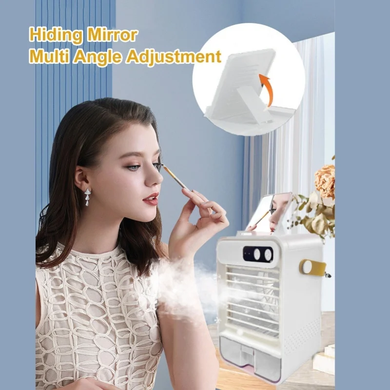 3 Speeds Portable Air Cooler 100ml Quiet Small Desk Fan With Makeup Mirror For Bedroom Office Use