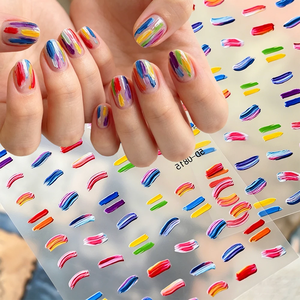 1/2pcs Colorful Oil Painting Brushwork Nail Decals Relief Oil Paint Layering Brush Lines Nail Stickers Abstract Pigment Sliders