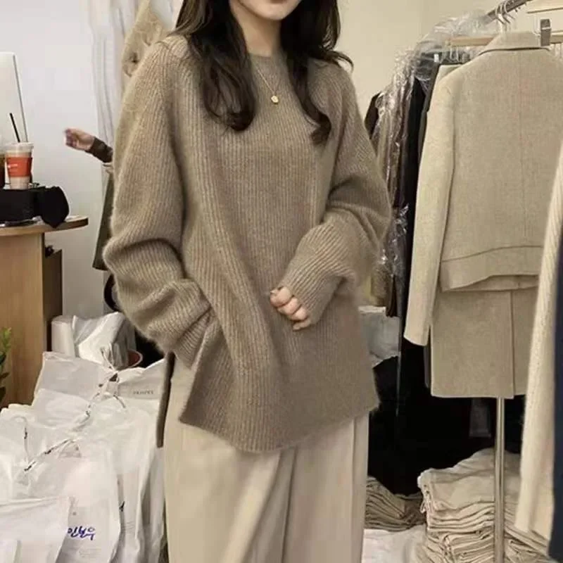 

Round Neck Loose and Versatile Western Style Slim Women's Sweater New Autumn/Winter Fashion Korean Version Lazy Style Split