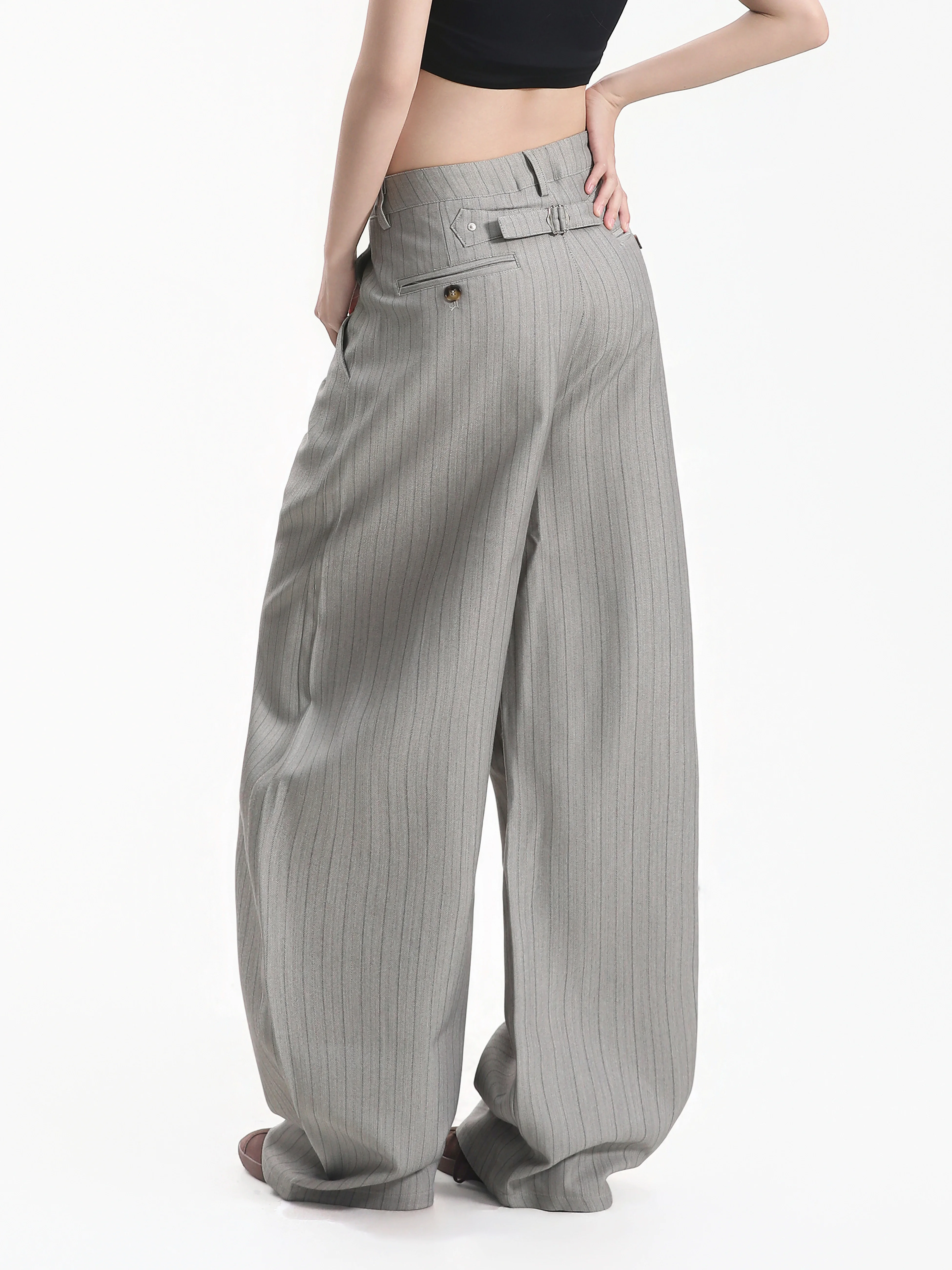 Retro Striped Wide Leg West Pants Women's Draped Loose Floor-Length Lazy Couple Suit Long Trousers Small Ball Button Decoration
