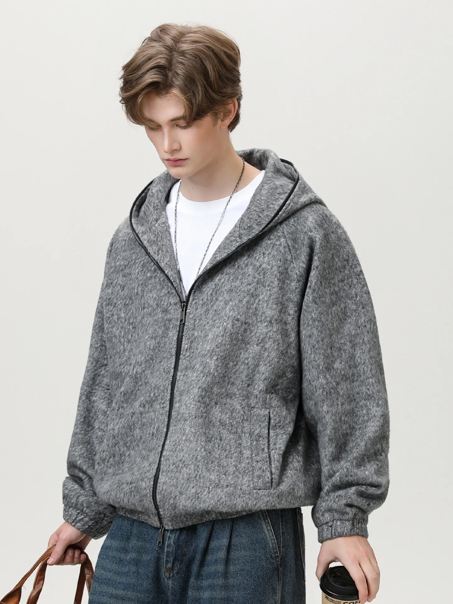 Texture Mohair Cardigan Hooded Jacket Men's Autumn Winter Contour Loose American Jacket Lazy Senior Sweater