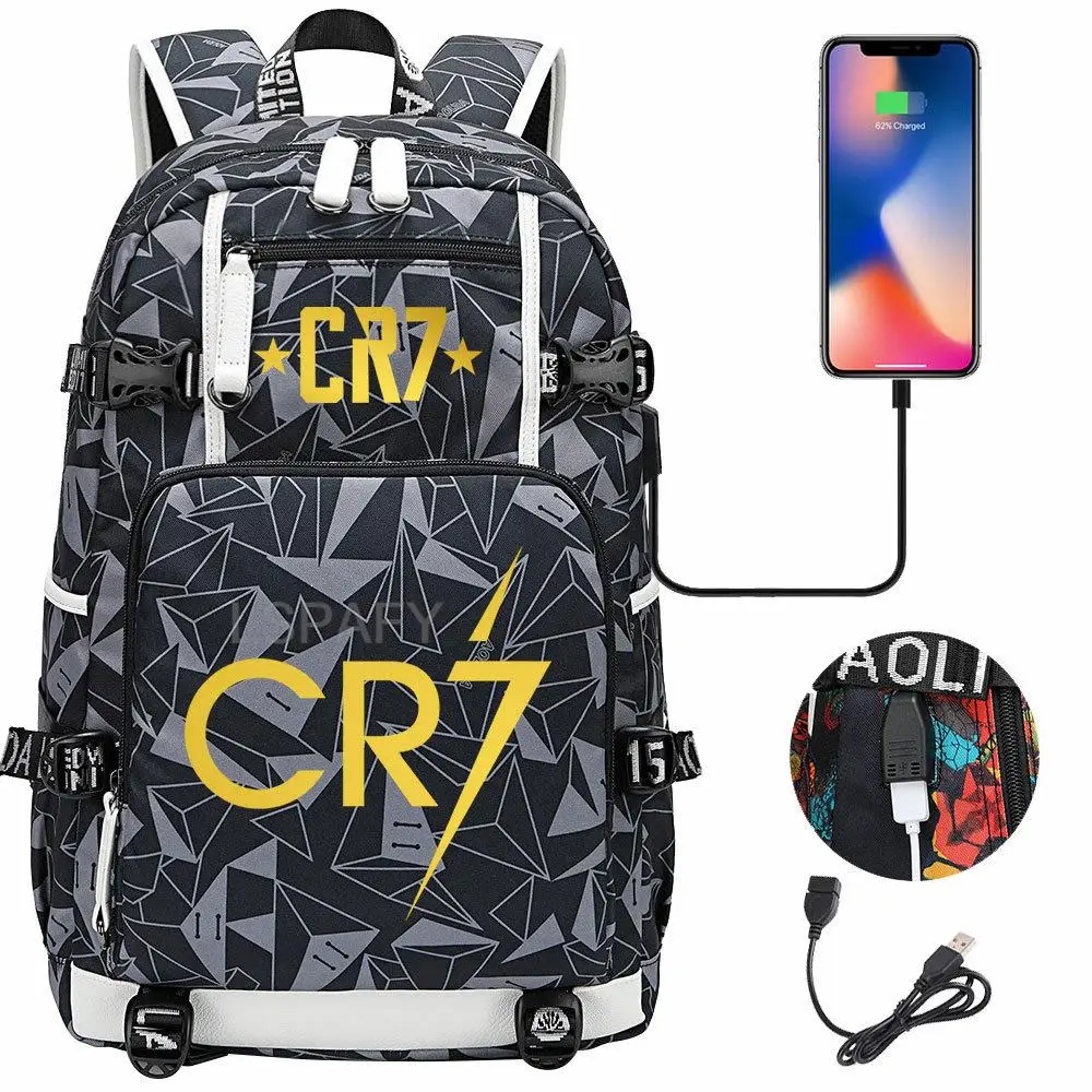 Football Superstar CR7 USB Charging Backpack Ronaldo Schoolbag Travel Notebook Laptop Bags For Teens Students