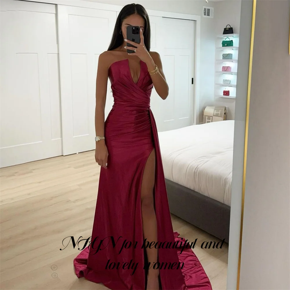 

RFYR Red Sexy Prom Dress V-Neck Sleeveless Prom Gown Satin Side High Split Formal Gown for Woman abiti da cerimonia Customized