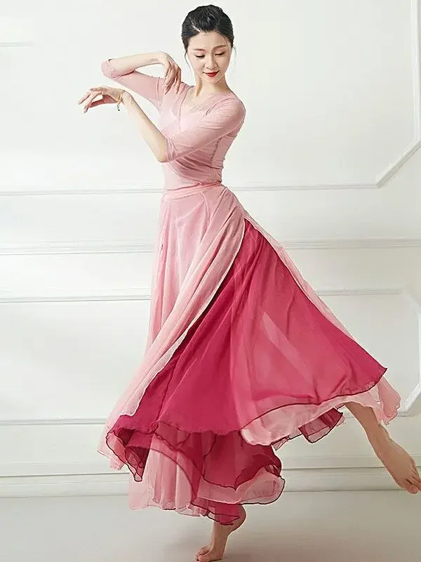 

Classical Dance One Piece Tie Up Double Layer Swing Skirt 720 Degrees Two Color Tie Up Dance Tencel Half Body Chiffon Set