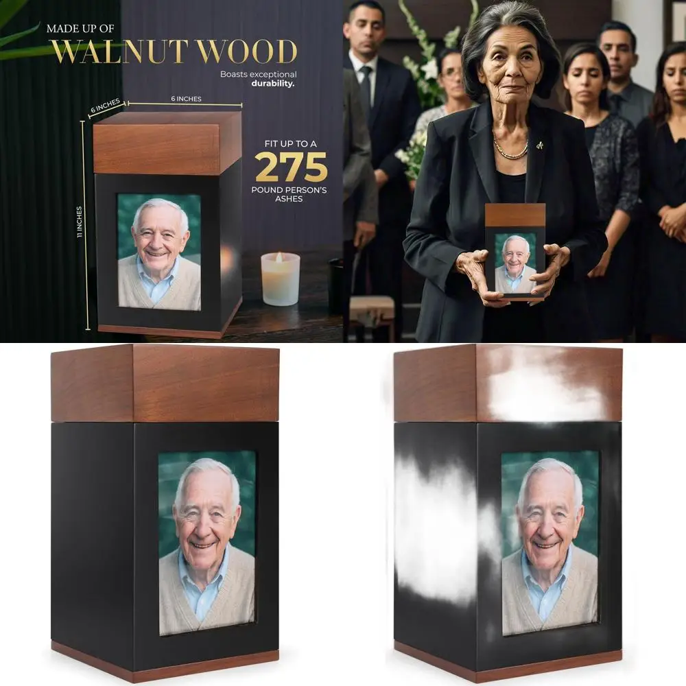 

Elegant Handcrafted Wooden Urn with Photo Frame for Ashes, Large Capacity (275 lbs), Velvet Bag Included - A Timeless Memorial K