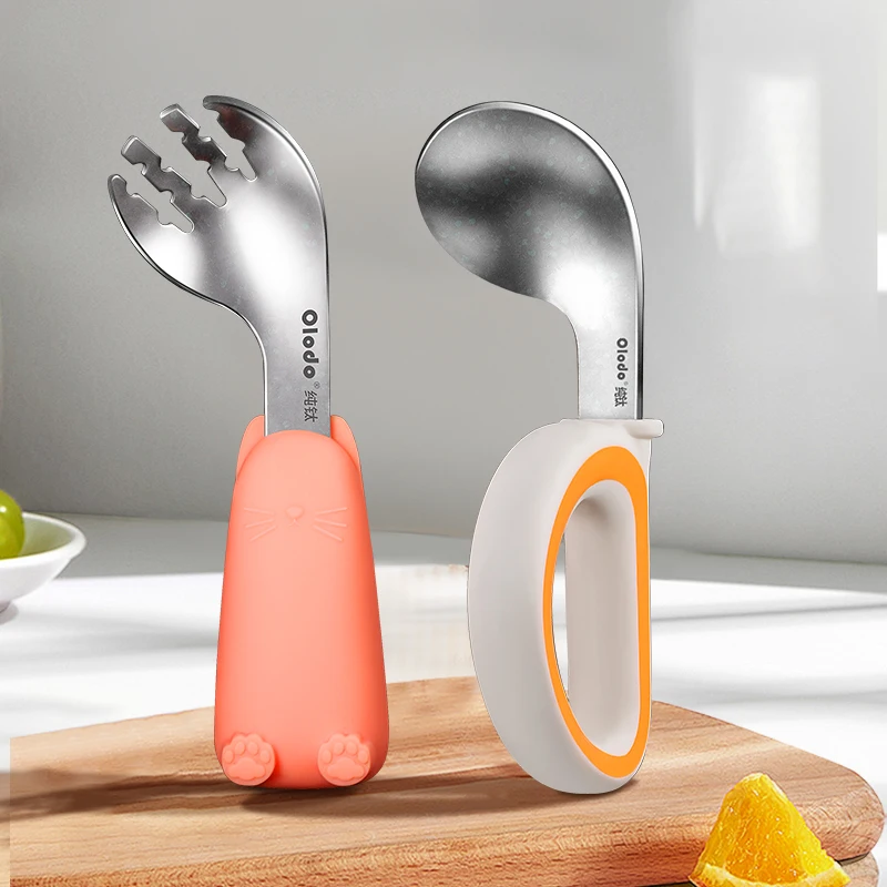 Pure Titanium Children's Tableware Set, Baby Self-Feeding Spoon, Infant Food Supplement Tool, Learning to Eat Training Fork and Spoon