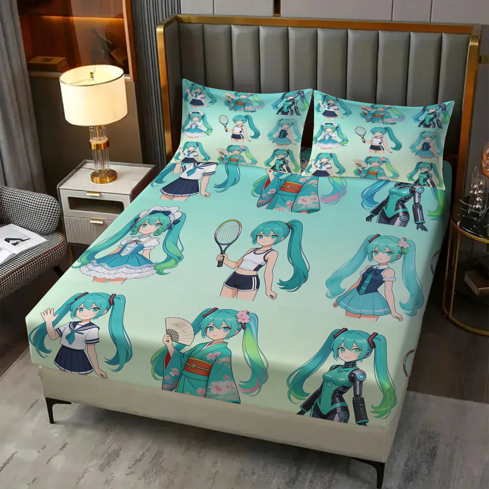 3-teiliges Hatsune Miku Chibi-Style Spannbettlaken-Set, Niedliche Anime-Bettwäsche mit Kissenbezügen, Tiefe Taschen, Teenager-Zimmer-Deko, Geschenk für Fans – Detail 14