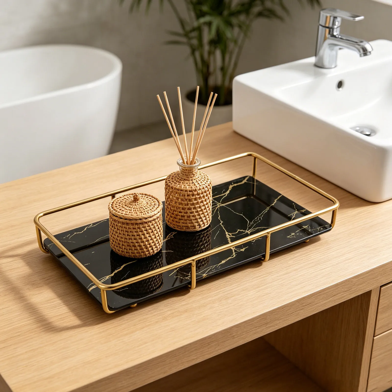Bathroom Sink Tray Marble Accent Elevated Frame Countertop Organizer 11.2x7.3in Vanity Storage Tray for Cosmetics Toothbrushes