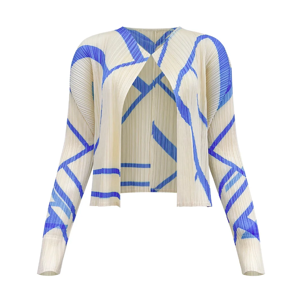 Miyake Style Pleated Cropped Cardigan Women Open Front Long Sleeve Geometric Print Wrinkle‑Resistant Casual Short Jacket