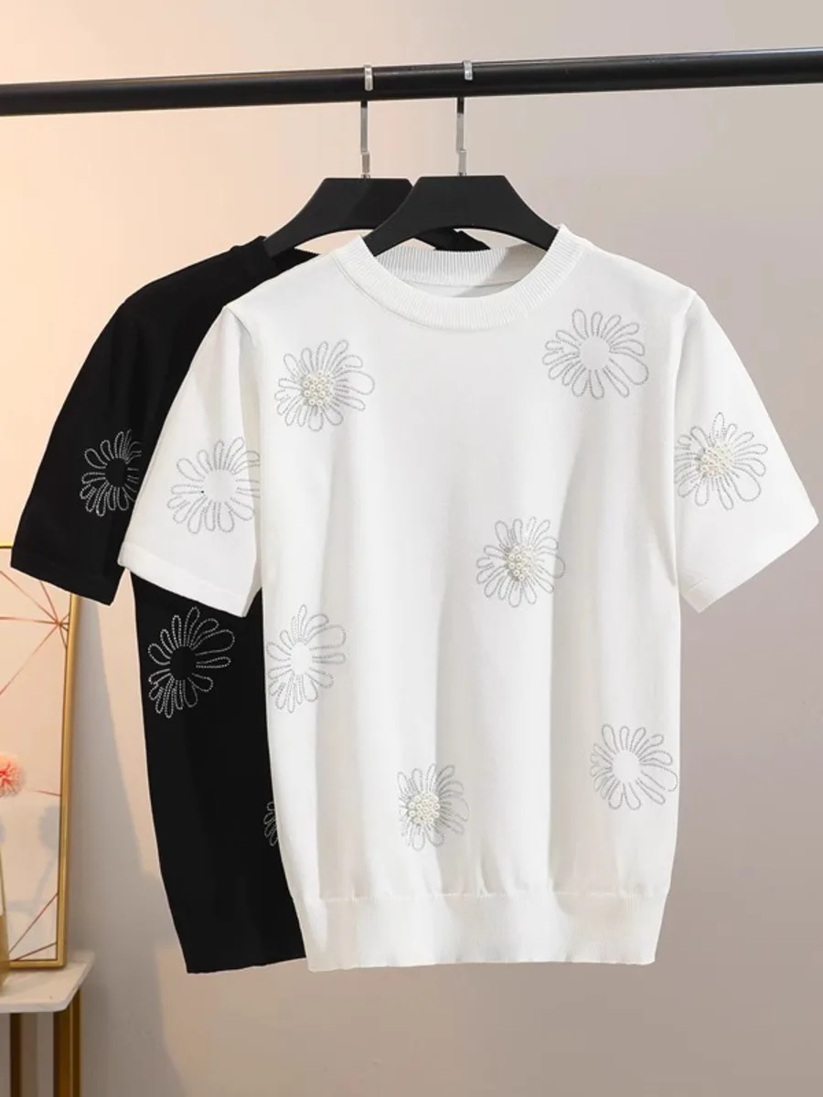 Elegant Pullover Sweater Women Knit T-shirt Summer 2024 Fashion Flower Beading Short Sleeve Stylish Jumper Y2k Casual Tops