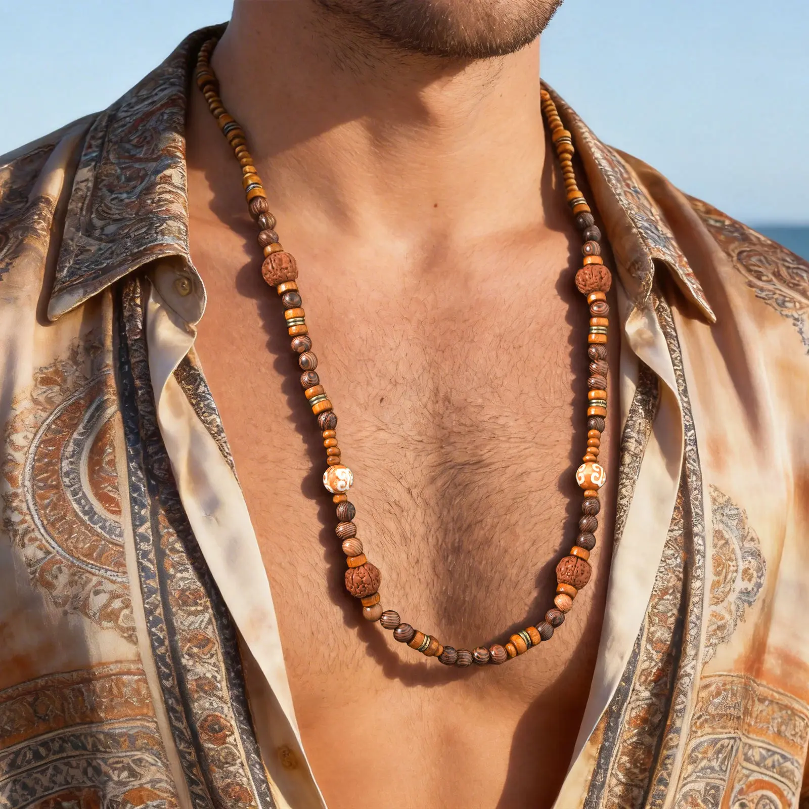 Lange Halskette mit Holzperlen für Herren, Vintage Ethnische Mehrlagige Lange Kette, Sommerlicher Bohemian-Schmuck als Geschenk – Detail 3