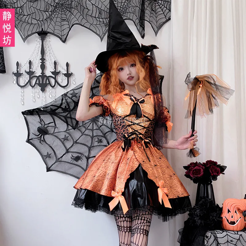Adult Womens Halloween Orange Spiderweb Witch Cosplay Costume Black Hat Lace Up Mini Dress Fancy Outfit Stage Performance