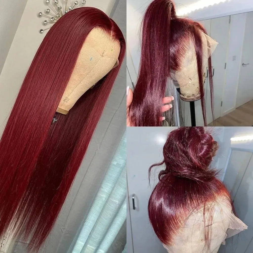 

Burgundy Red Wig Straight Lace Front Wig Glueless 13x4 HD Synthetic Lace Frontal Wigs Free Part Pre Plucked Heat Resistant