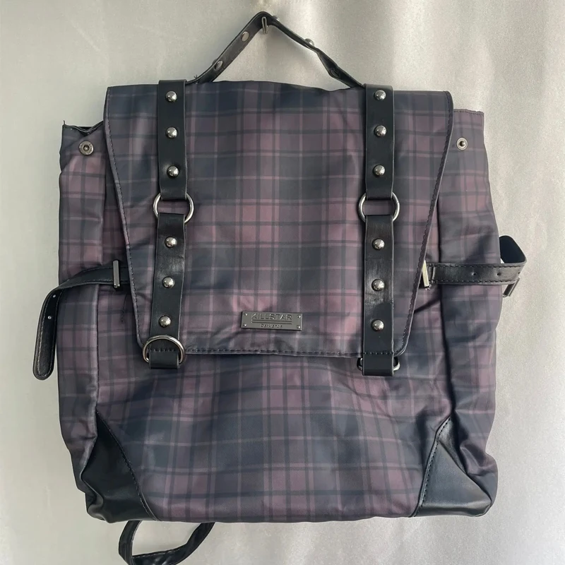 

2025 Black Gothic Punk Rock Checked Rivet Casual All-match Bags Chain Backpack Niche Vintage Y2k Backpacks