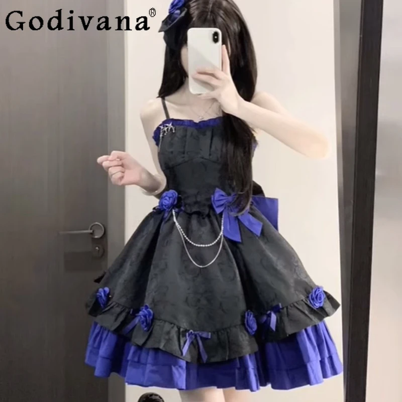 

Черно-красное готическое платье Лолиты для женщин JSK, романтическое пышное платье Лолиты, тяжелое ремесленное пышное платье, женское платье принцессы с непринужденным хвостом