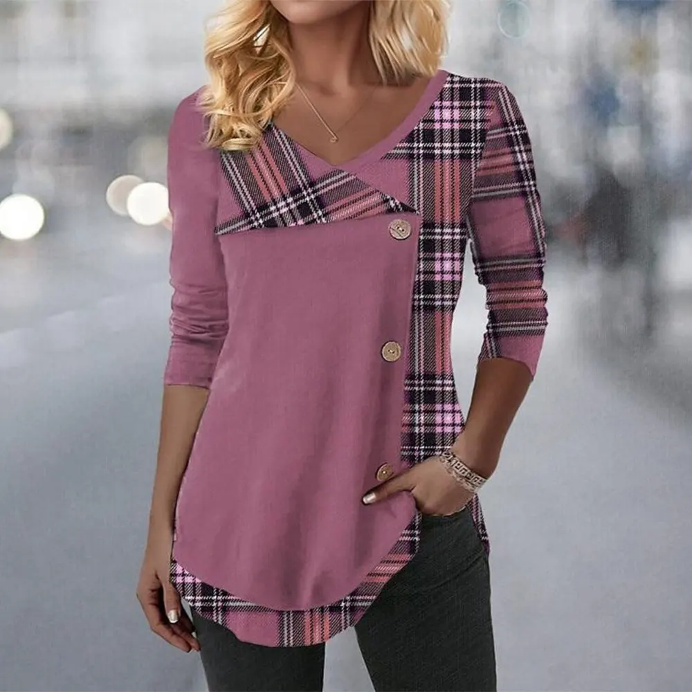 Women polyester top with Vneck and checkered print design suitable for spring summer autumn winter daily occasions