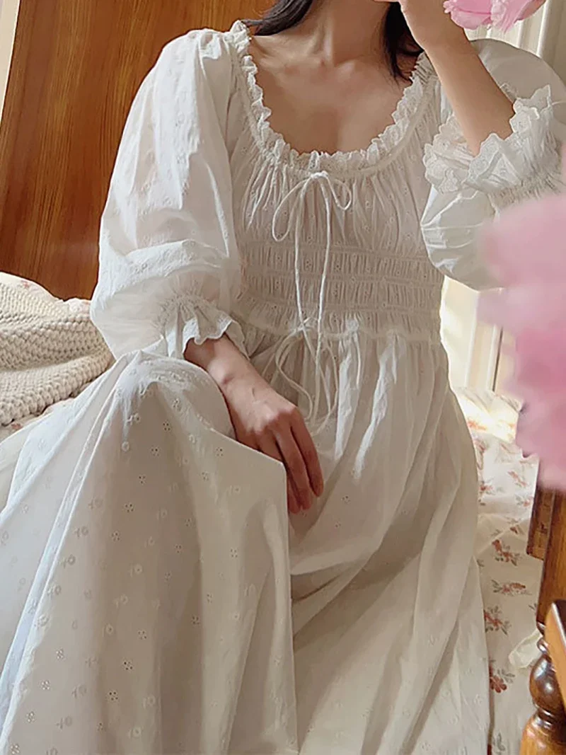 Spring Autumn Women Fairy Cotton Nightdress Embroidery Ruffles Nightgowns Lace-up Elastic Vintage Princess Pajamas Sleepwear