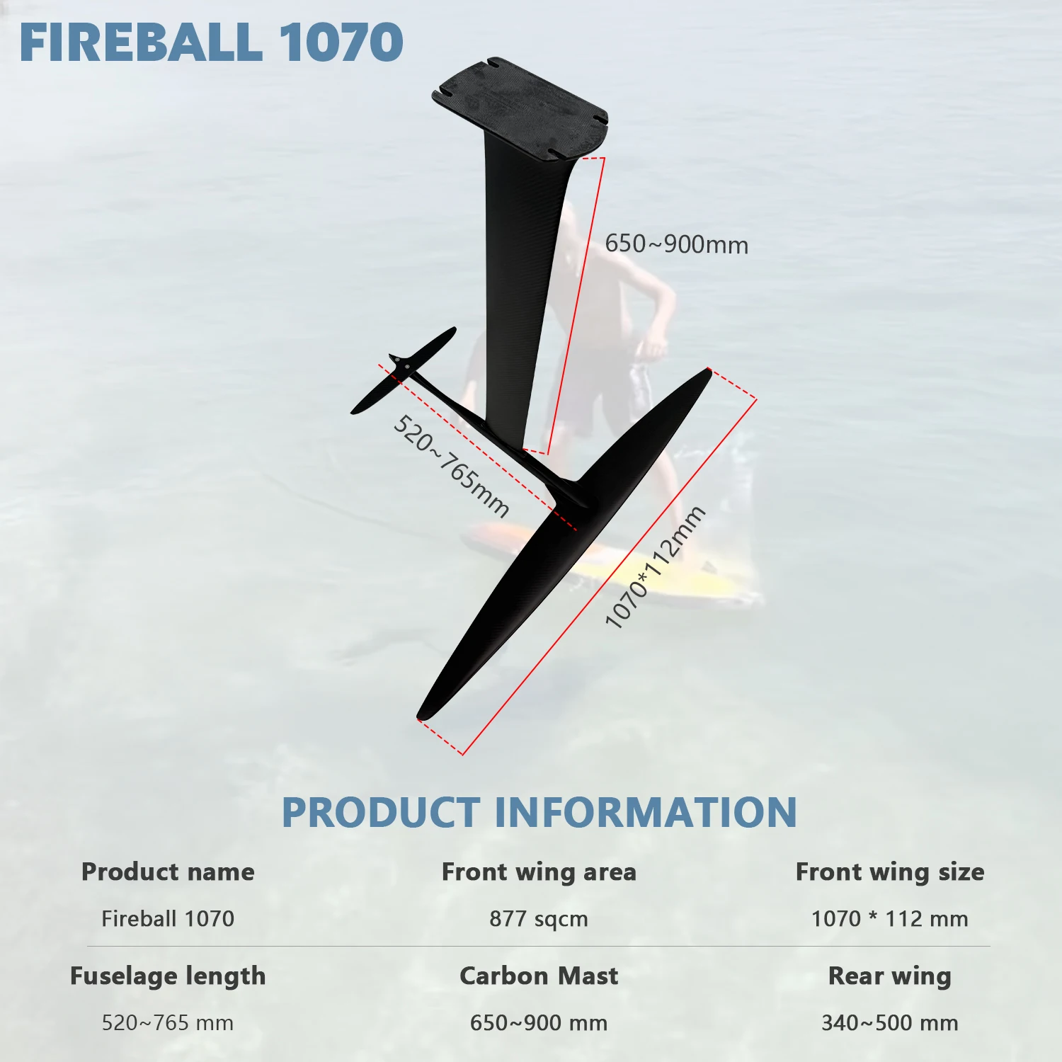 Carbon Fireball 1070 Front Hydrofoil Wing With Reinforced Stiff Core for Advanced Riders Seeking Power Transfer and Rigidity