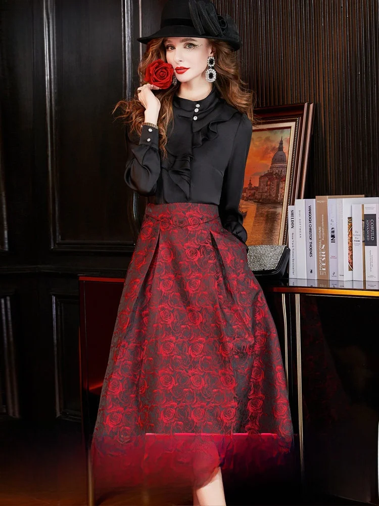 

Fashionable Black Shirt And Red Print Skirt Set for Women Elegant Flounce Design Polyester Fiber Long Sleeve Winter Outfit