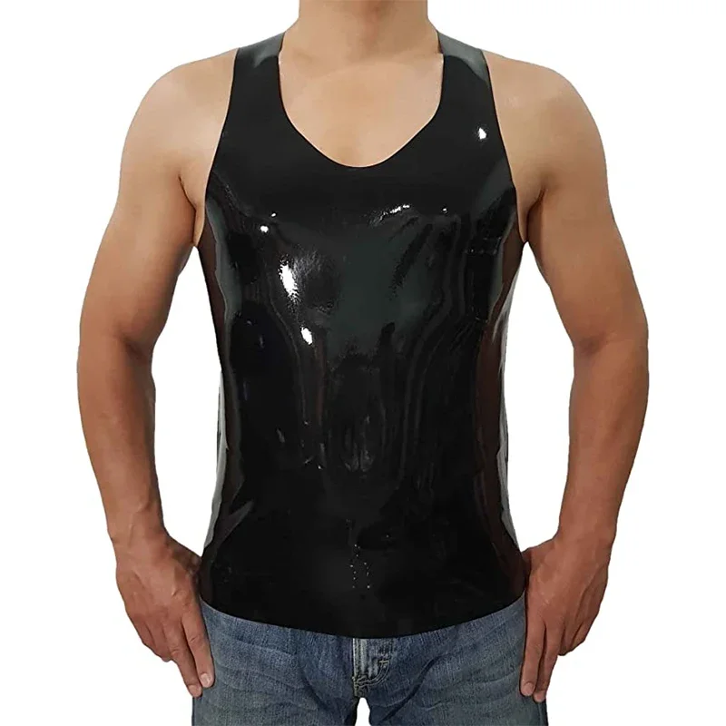 

Men 100% Latex Black Tank Tops Slim Stretch Rubber Sleeveless T-shirts Fashion Summer Punk Style Bodycon Tee Tops Custom