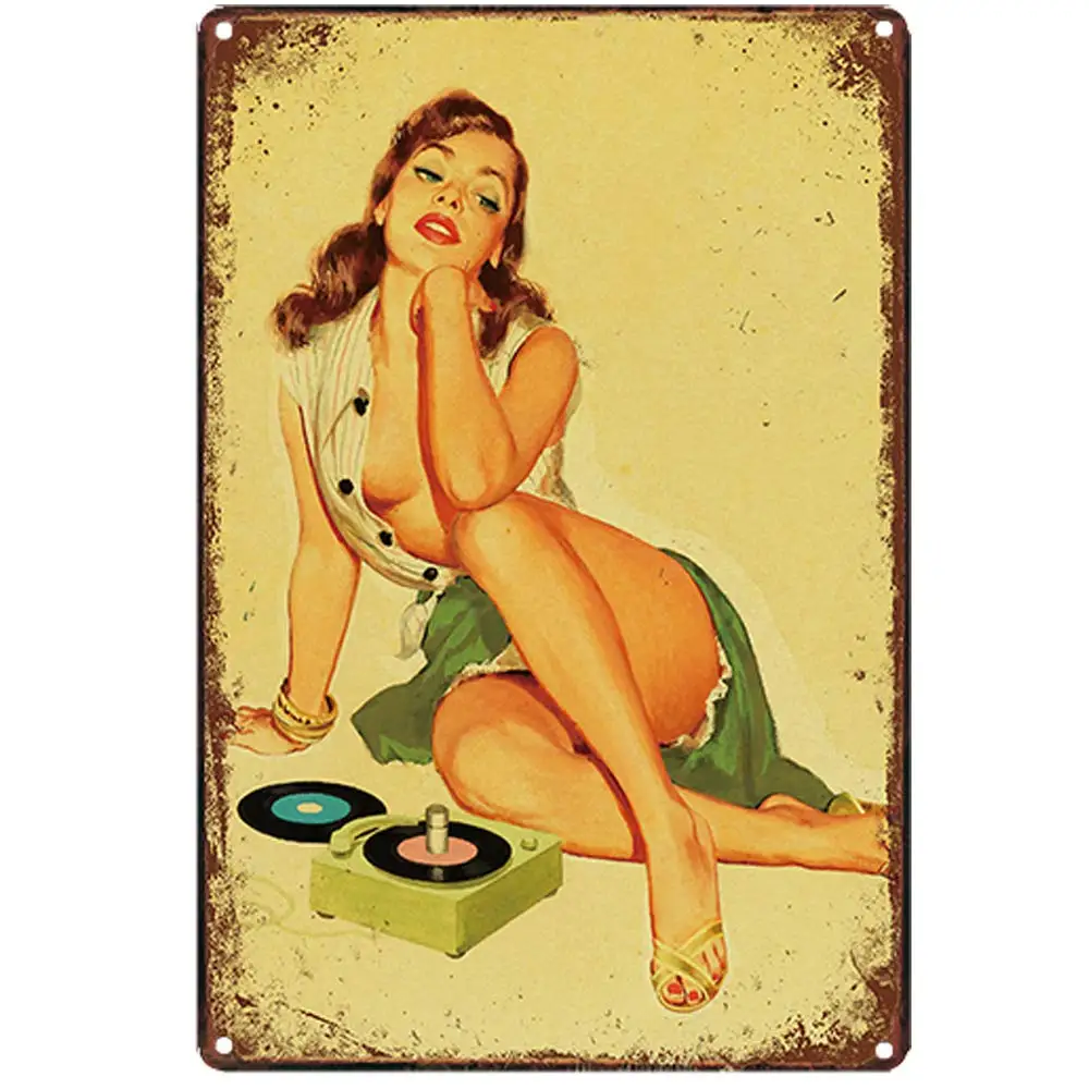 Retro Design Retro Records and Girls Tin Metal Signs Wall Art | Thick Tinplate Print Poster Wall Decoration for Garage