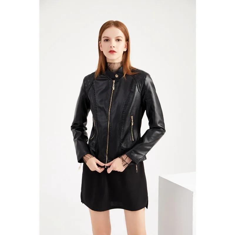 

Black Stand Up Collar Women's Faux Leather Jacket, Autumn Zipper Casual PU Jacket, Women's Outdoor Fashionable Wearing