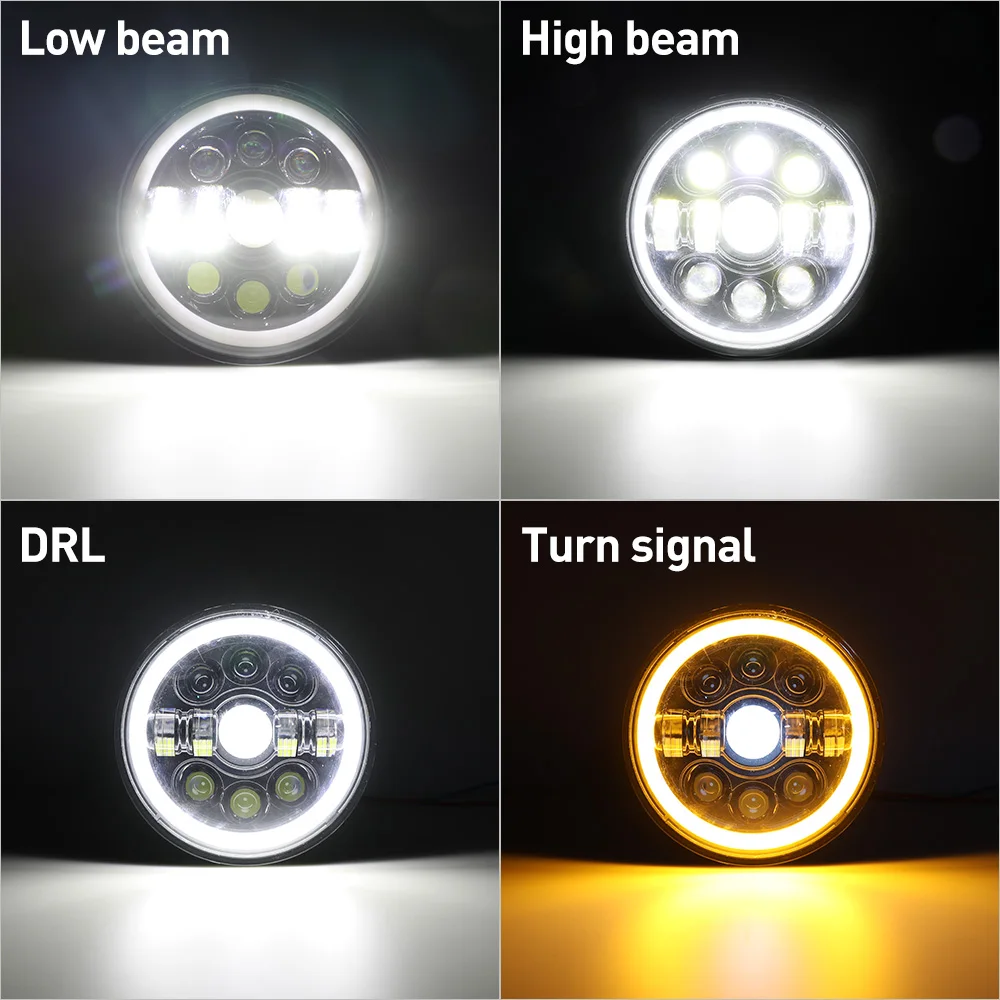 NAOEVO 7 Inch LED Headlight H4 With Halo Angel Eyes For Lada 4x4 urban Niva Jeep JK 12V Running Round HeadLight Turn Signal