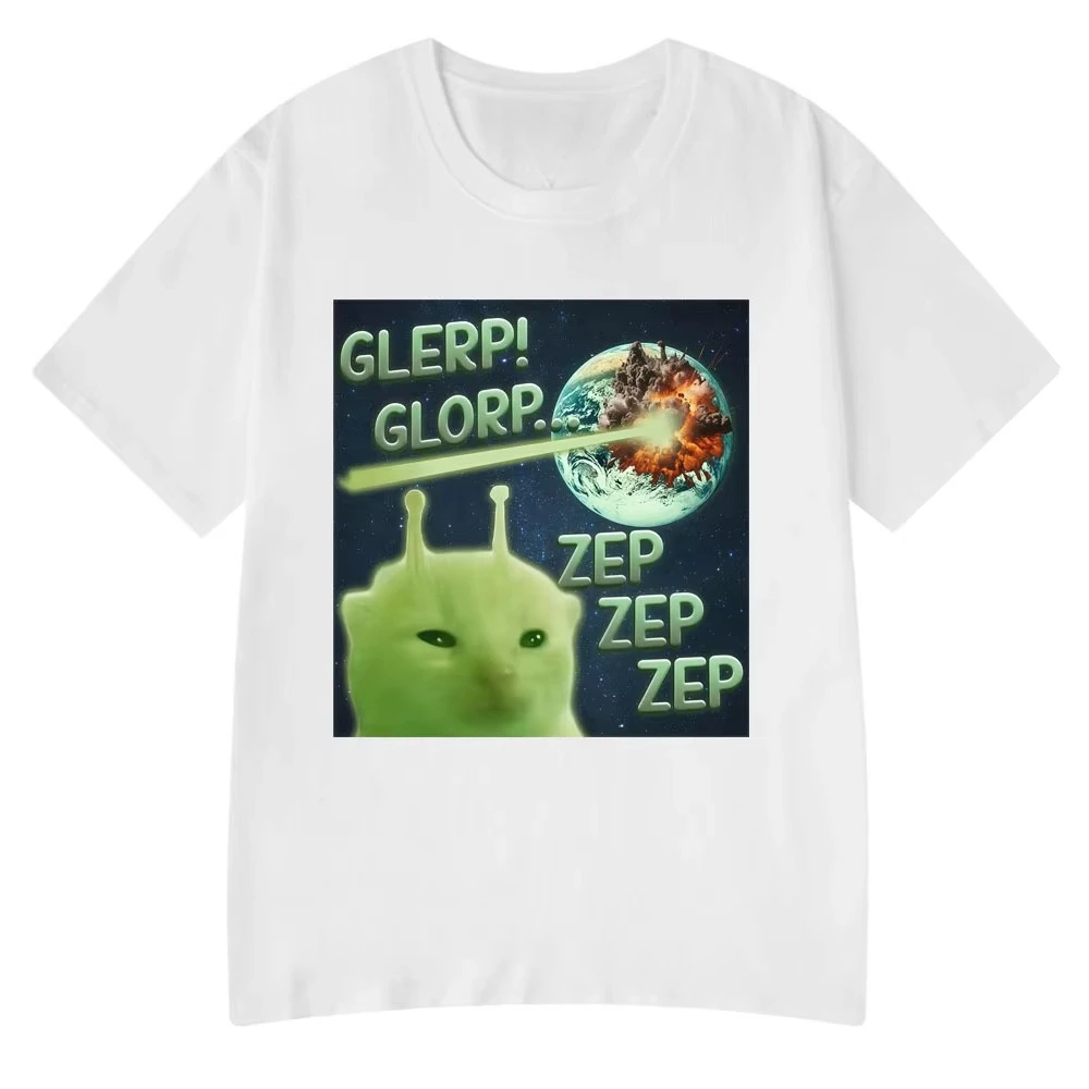 2025 Summer Glerp Glorp Funny Alien Cat Italian Brainrot Meme Pure Cotton Printed T-shirt Men Graphic Comfortable Top