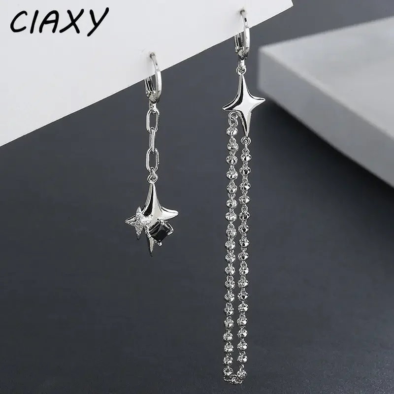 CIAXY Silver Color Asymmetrical Four-pointed Star Earrings for Women Simple Tassel Chain Drop Earrings Party Gift Jewelry