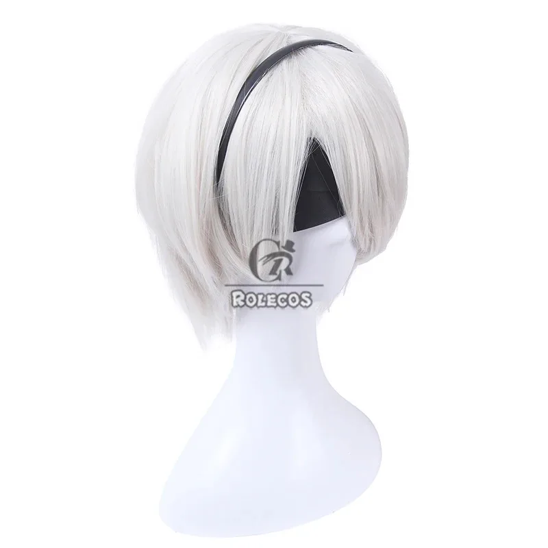 ROLECOS NieR:Automata 2B YoRHa Nr. 2 Heroine Cosplay Perücken 30 cm Frauen Kurze Silber Weiß Cos Perücke Hitzebeständige Synthetische Haar
