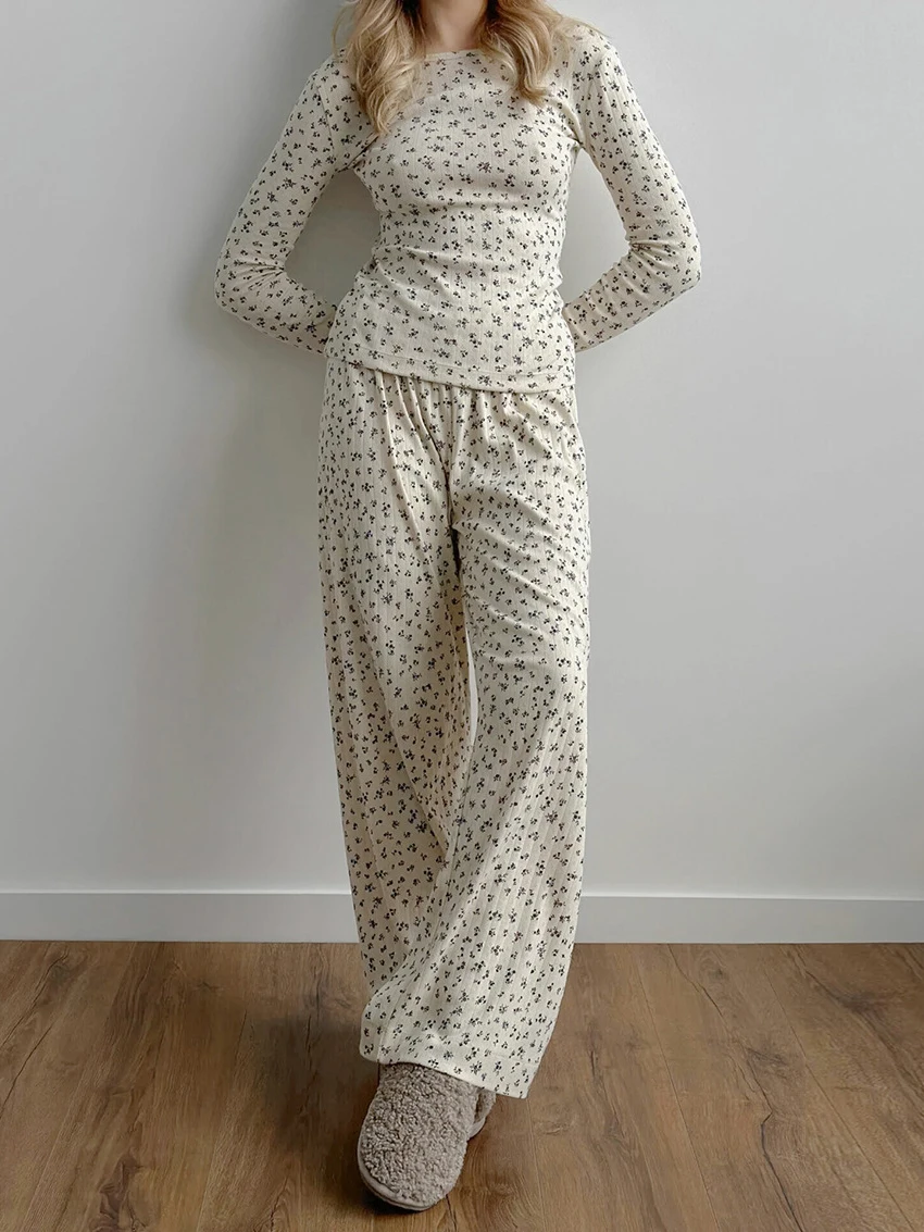 

Marthaqiqi Winter Female Nightgowns Set Long Sleeve Nightwear O-Neck Sleepwear Pants Casual Printing Women Pajamas 2 Piece Suit