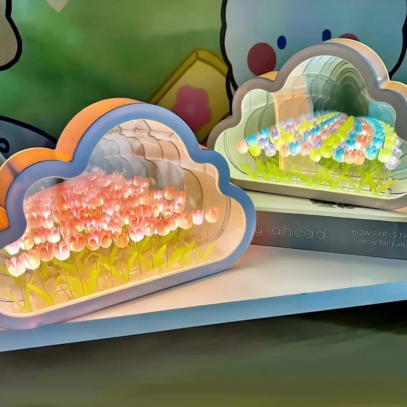 Lámpara de espejo de nube de tulipán DIY, luz de noche de mar con flores, atmósfera, dormitorio, luz para dormir, Artesanías hechas a mano, regalos de cumpleaños y Navidad