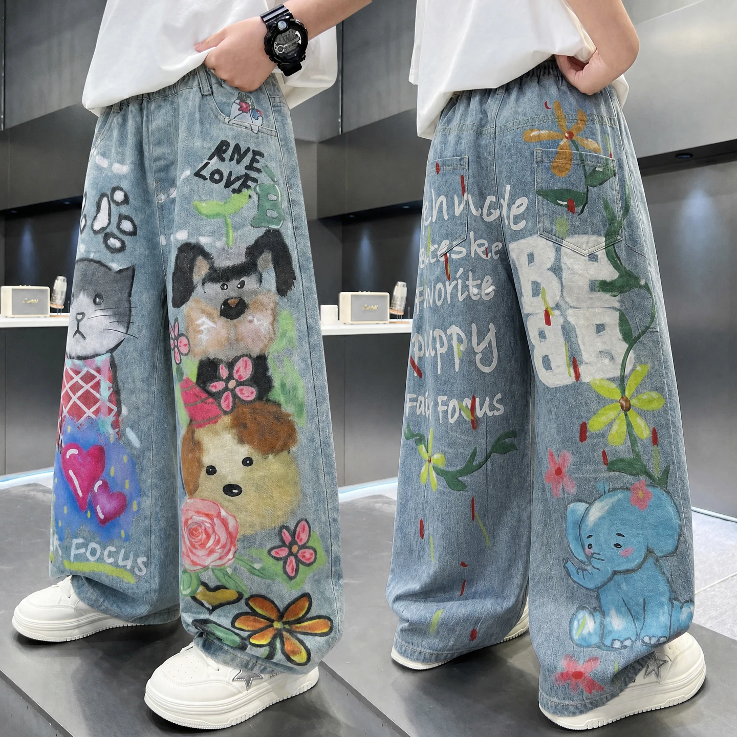 Spring Boys Teen Cartoon Pet Wide Leg Cotton Jeans Autumn Sports Children's Pants Comfortable Breathable Summer New Item