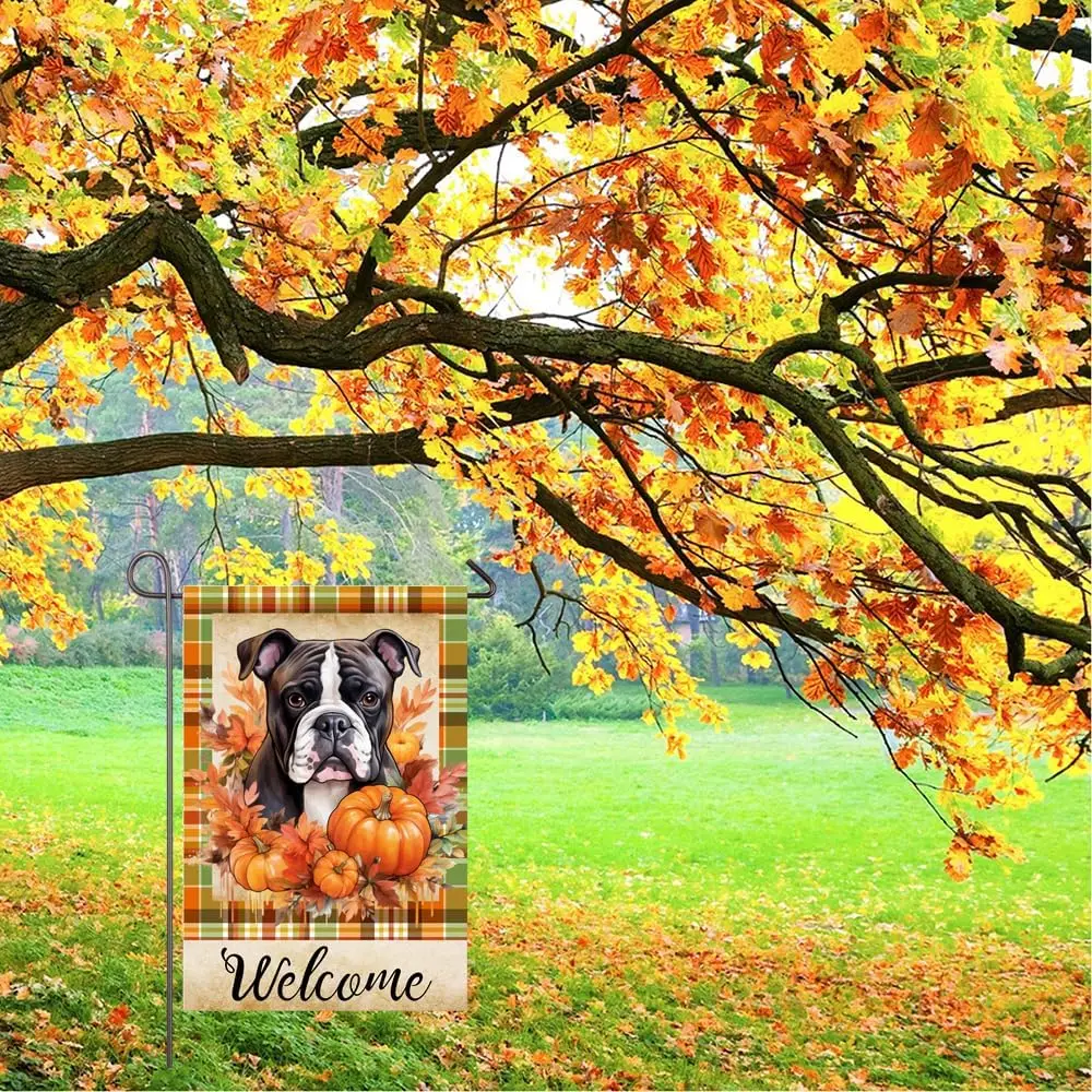 Fall Dog Garden Flag English Bulldog Welcome Yard Flags for Outside 12x18 Inch Double Sided Pumpkins Maple Leaf Autumn Thank GGO