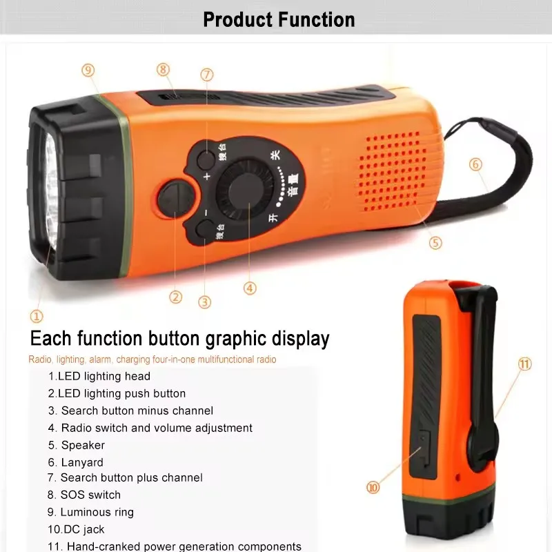 مصباح يدوي بإضاءة LED للطوارئ في الهواء الطلق يعمل يدويًا مع وظيفة الراديو