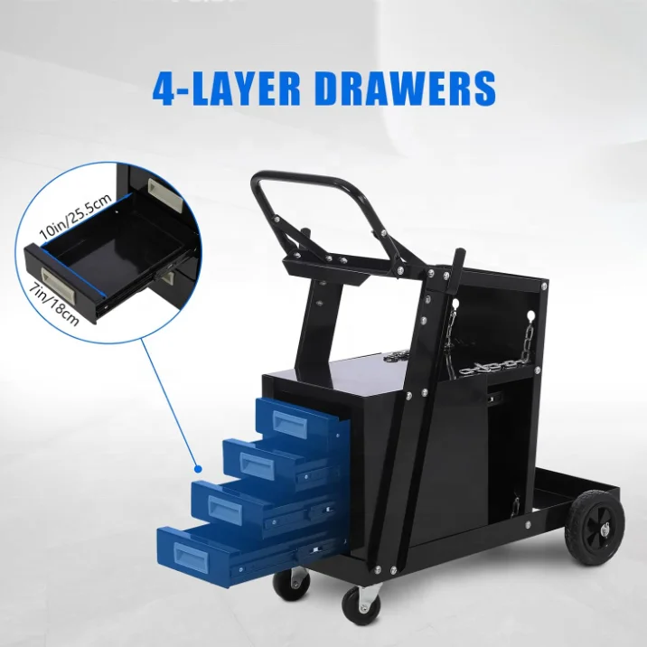 2 Tier 4 Drawers Welder Cart Tilt Table Large Storage 360 Rolling Welding Trolley Welding Cart