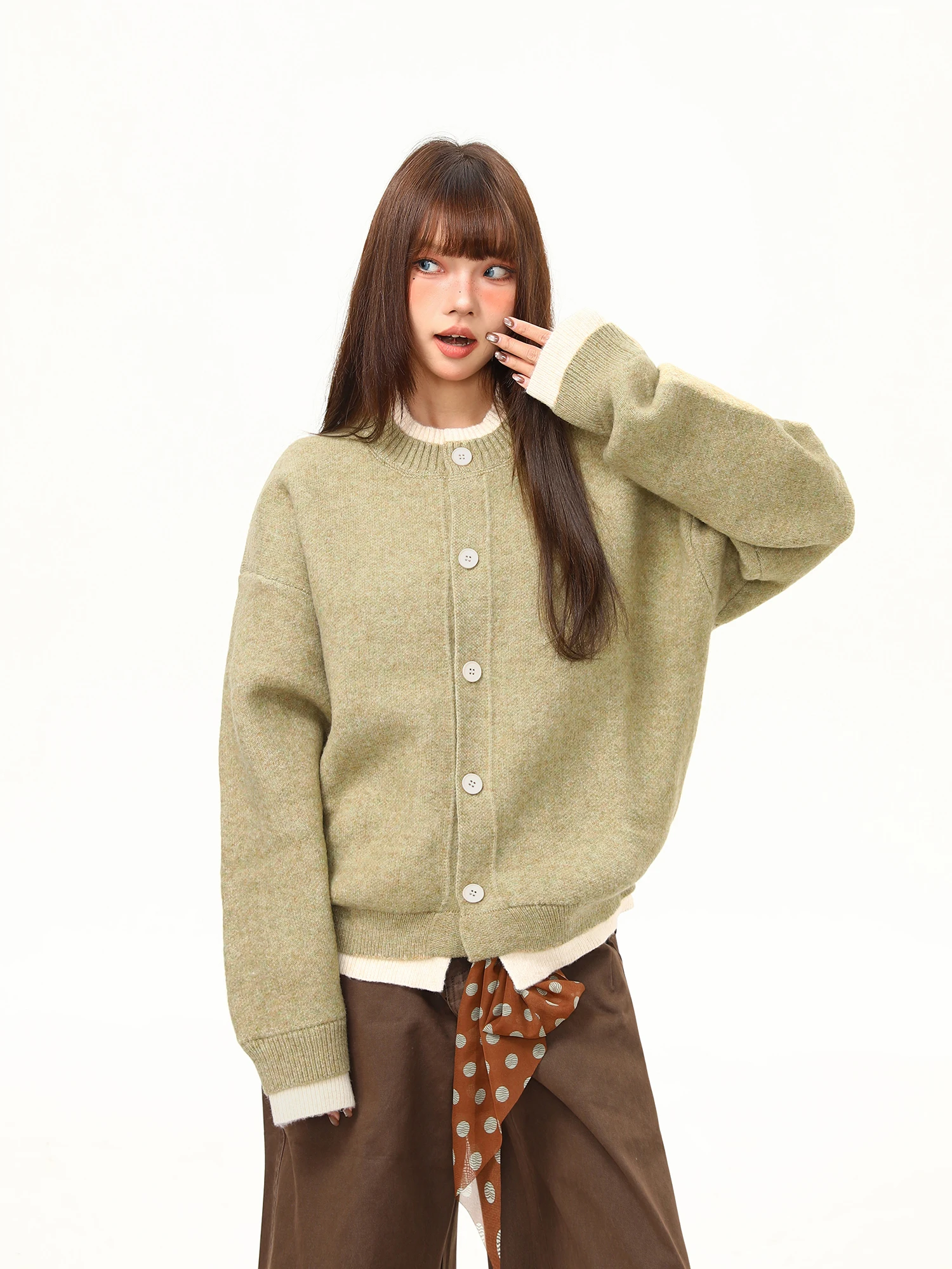 

Модный женский кардиган в американском ретро-стиле, имитация двухслойности, высококачественный вязаный свитер, свободный крой, цветной, трендовый