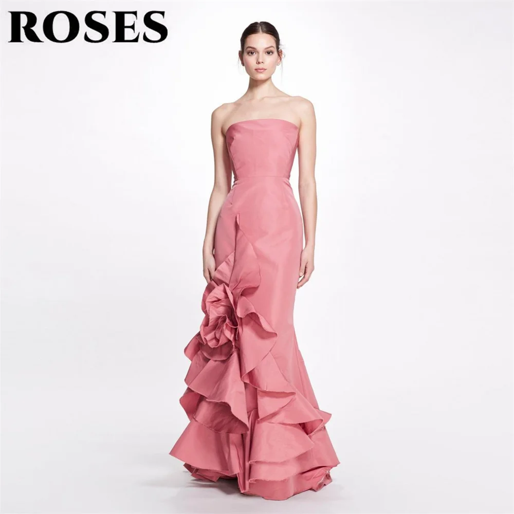 

ROSES Pink Mermaid Prom Dress Strapless Stain Party Dress Celebrity Gowns Ruched Wedding Party Dress with Pleats Customized