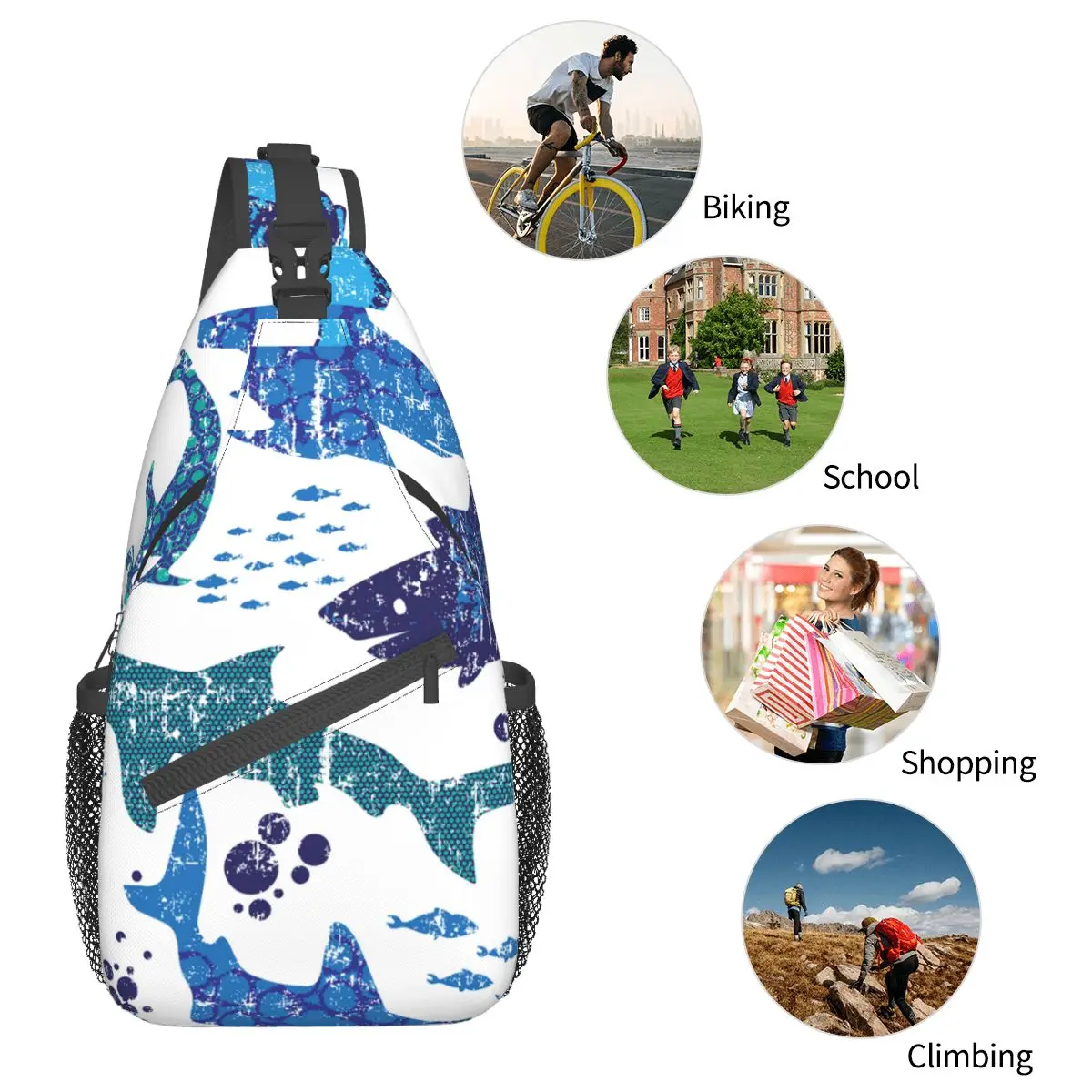 Shark Vintage Small Sling Bag Chest Crossbody Shoulder Sling Backpack Outdoor Sports Daypacks world ocean sea Printed Bookbag