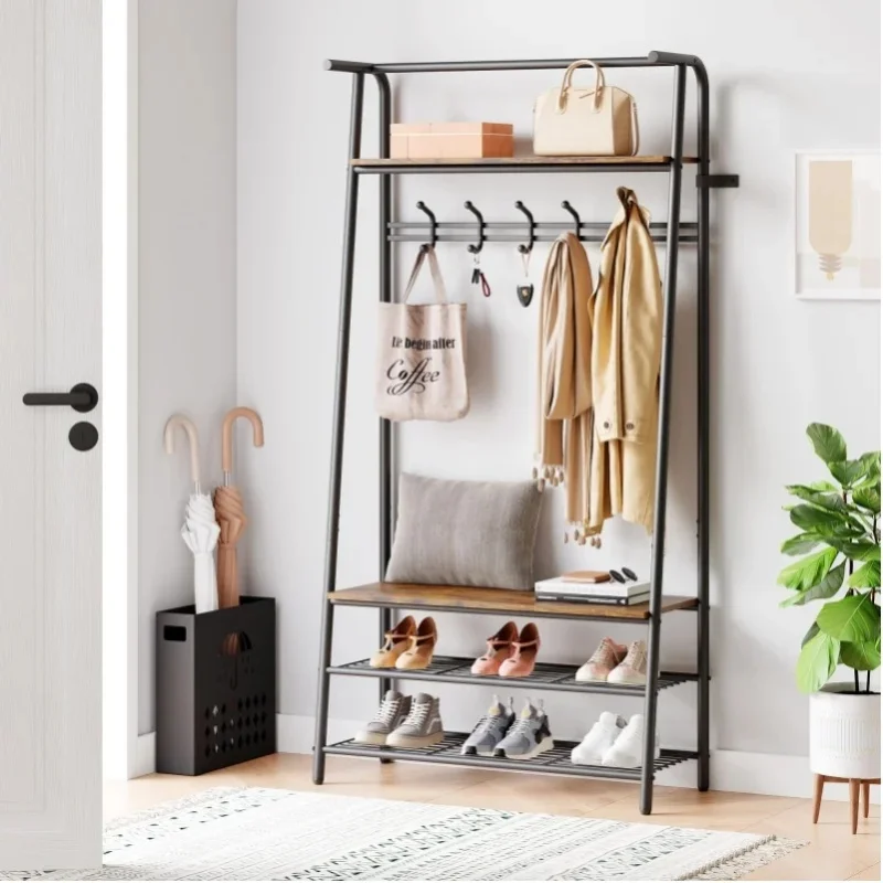 4-in-1 Garderobenständer mit Schuhaufbewahrungsbank, 10 Haken & 3-stufigem Schuhregal – Robuster Metallrahmen, freistehender Organizer für den Flur, Braun (31,5 Zoll, Einzelreihe)