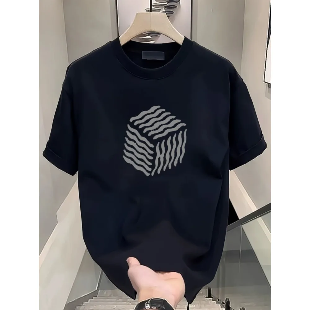 

Осенне-зимняя новая мужская простая высококачественная трендовая свободная и универсальная футболка с круглым вырезом из чистого хлопка с принтом куба Рубика